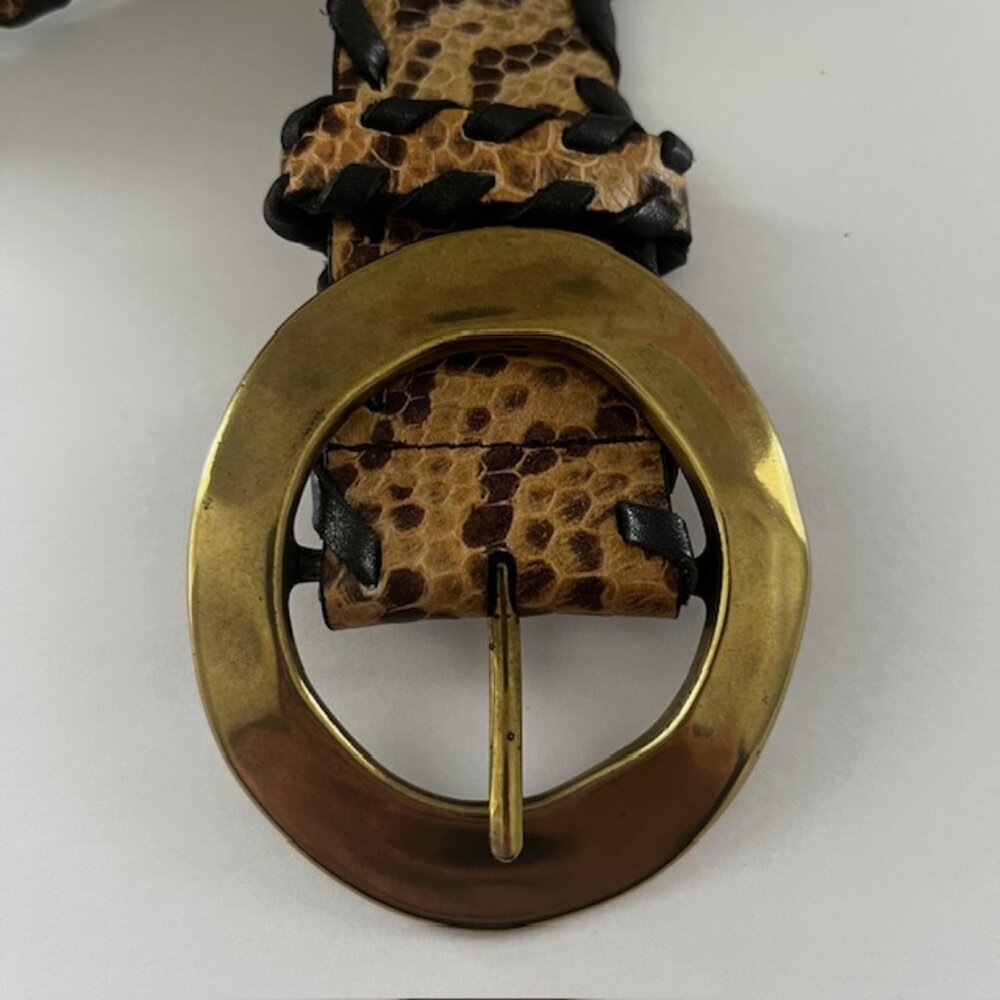 Leather Belt Snakeskin Print Tan Brown Black Gold Tone Buckle Size Large - Picture 3 of 6